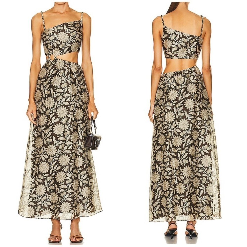 NWT Sir Xanita Floral Asymmetric Cotton Silk Maxi Dress Waist Cut Out Sz AU 4